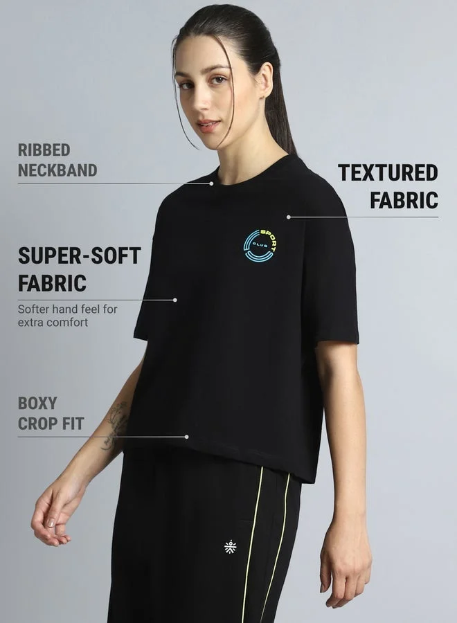 Cult Women Black Sports Club Relaxed Fit T-Shirt